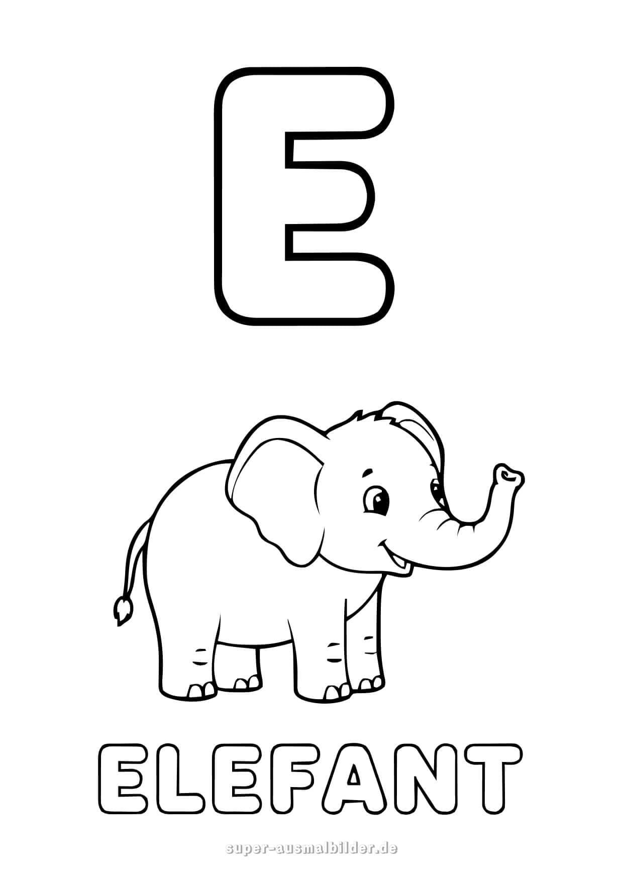 Buchstabe E Ausmalbild – niedlicher Elefant mit Buchstaben E, kostenlose Buchstaben zum Ausdrucken für Kinder