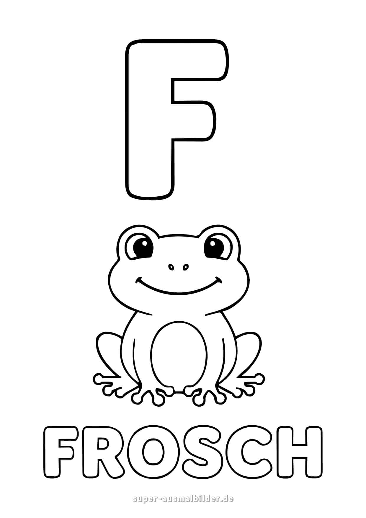 Buchstabe F Ausmalbild – freundlicher Frosch mit Buchstaben F, kostenlose Lernvorlage zum Ausmalen für Kinder