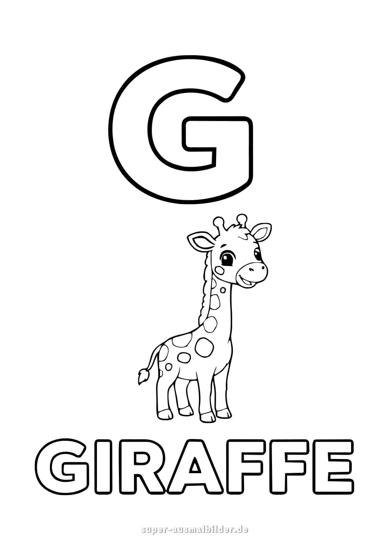 Buchstabe G Ausmalbild – fröhliche Giraffe mit Buchstaben G, Lernvorlage und Malbild zum Drucken für Kinder kostenlos