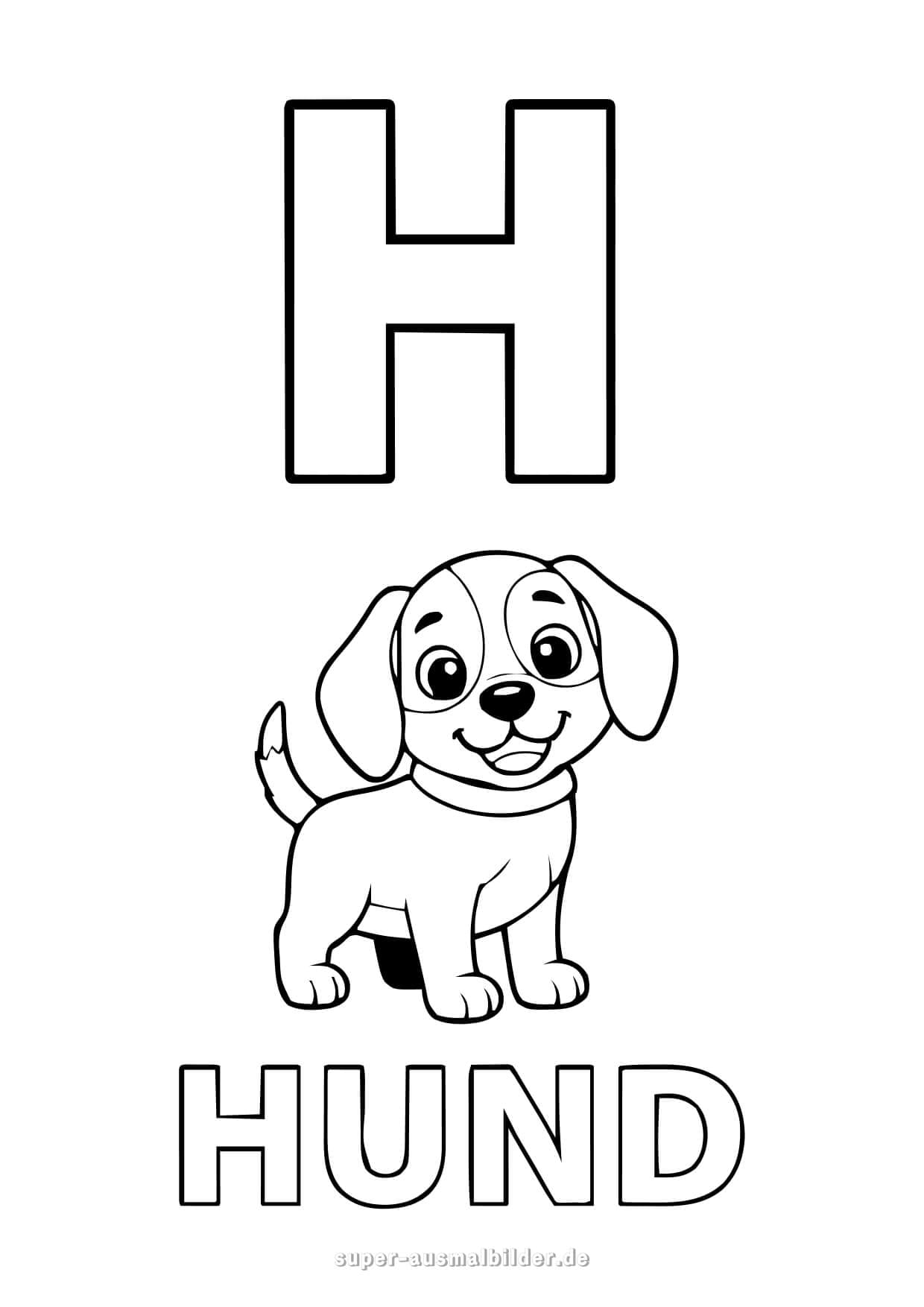 Buchstabe H Ausmalbild – glücklicher Hund mit großem Buchstaben H, kostenlose Buchstaben zum Ausdrucken und Ausmalen für Kinder
