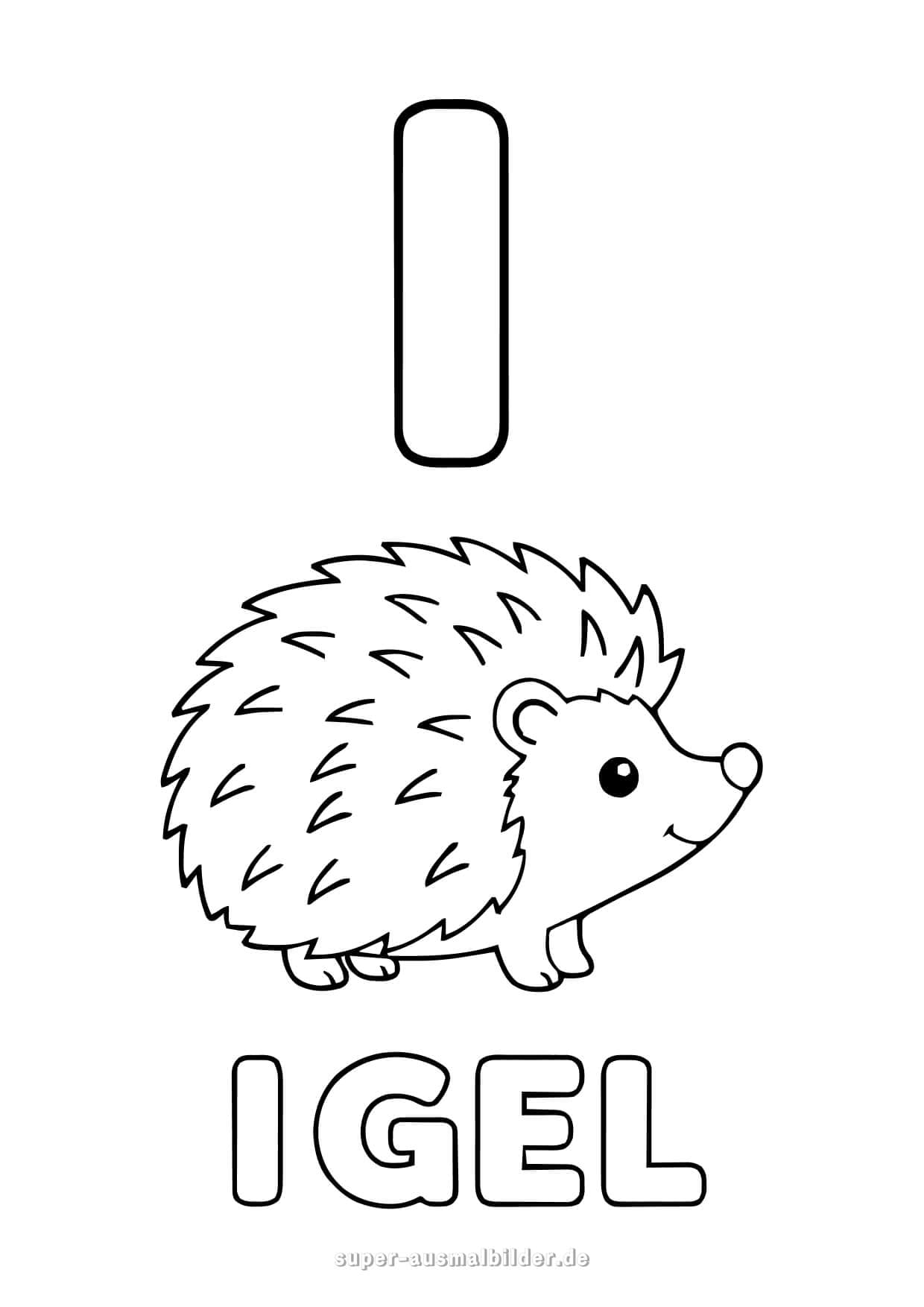 Buchstabe I Ausmalbild – kleiner Igel mit Stacheln, kostenlose Buchstaben zum Ausdrucken und Ausmalen für Kinder
