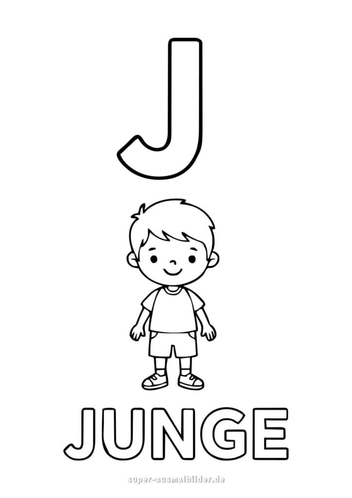 Buchstabe J Ausmalbild – Junge mit T Shirt, kostenlose Buchstaben Malvorlage zum Ausdrucken für Kinder