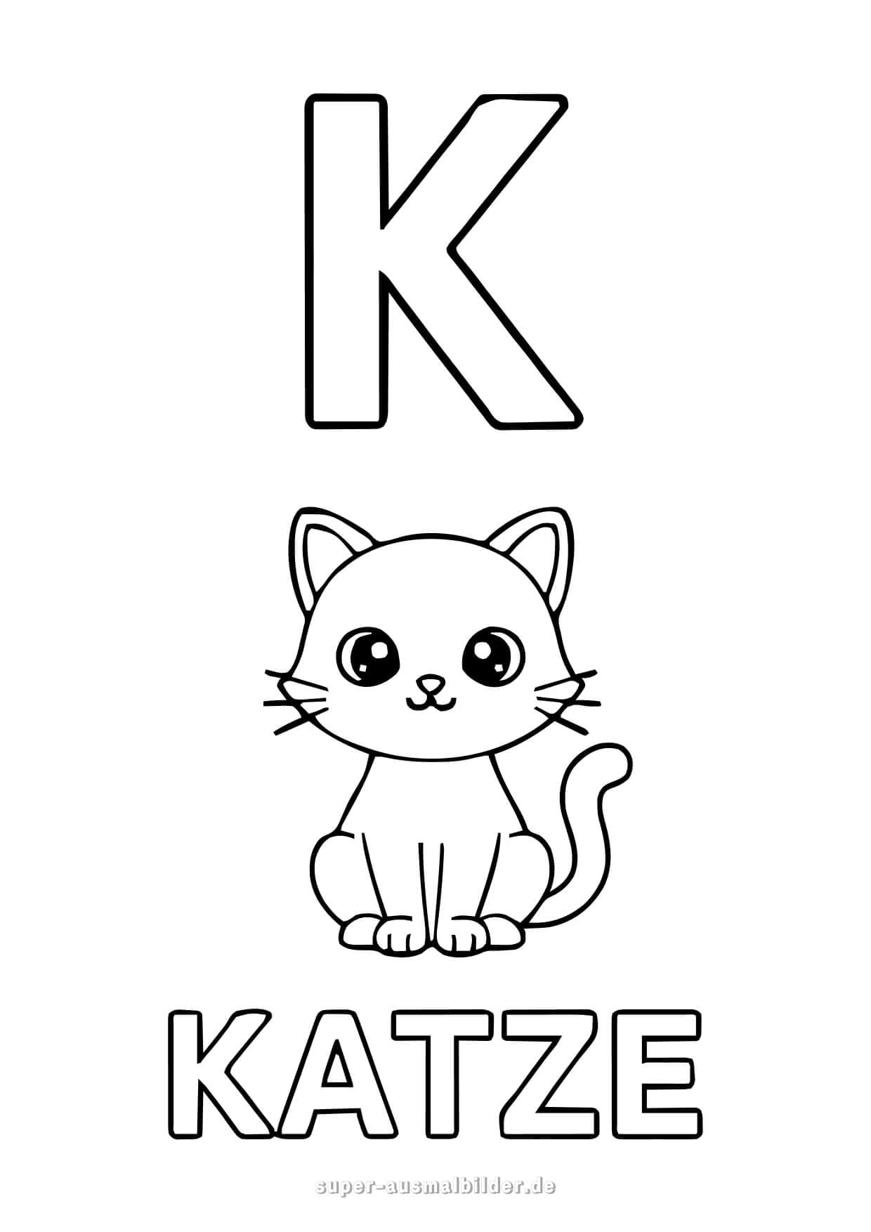 Buchstabe K Ausmalbild – süße Katze zum Ausmalen, kostenlose Buchstaben zum Drucken und Lernen für Kinder