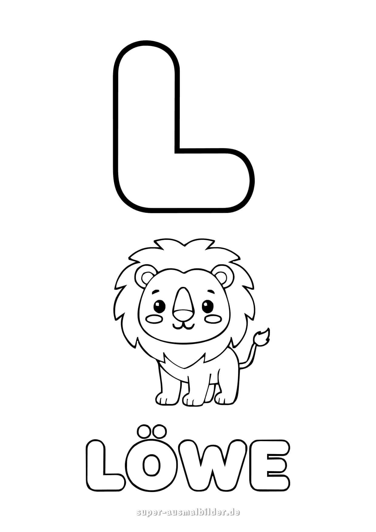 Buchstabe L Ausmalbild – starker Löwe mit Buchstaben L, kostenlose Buchstaben Malvorlage zum Drucken für Kinder