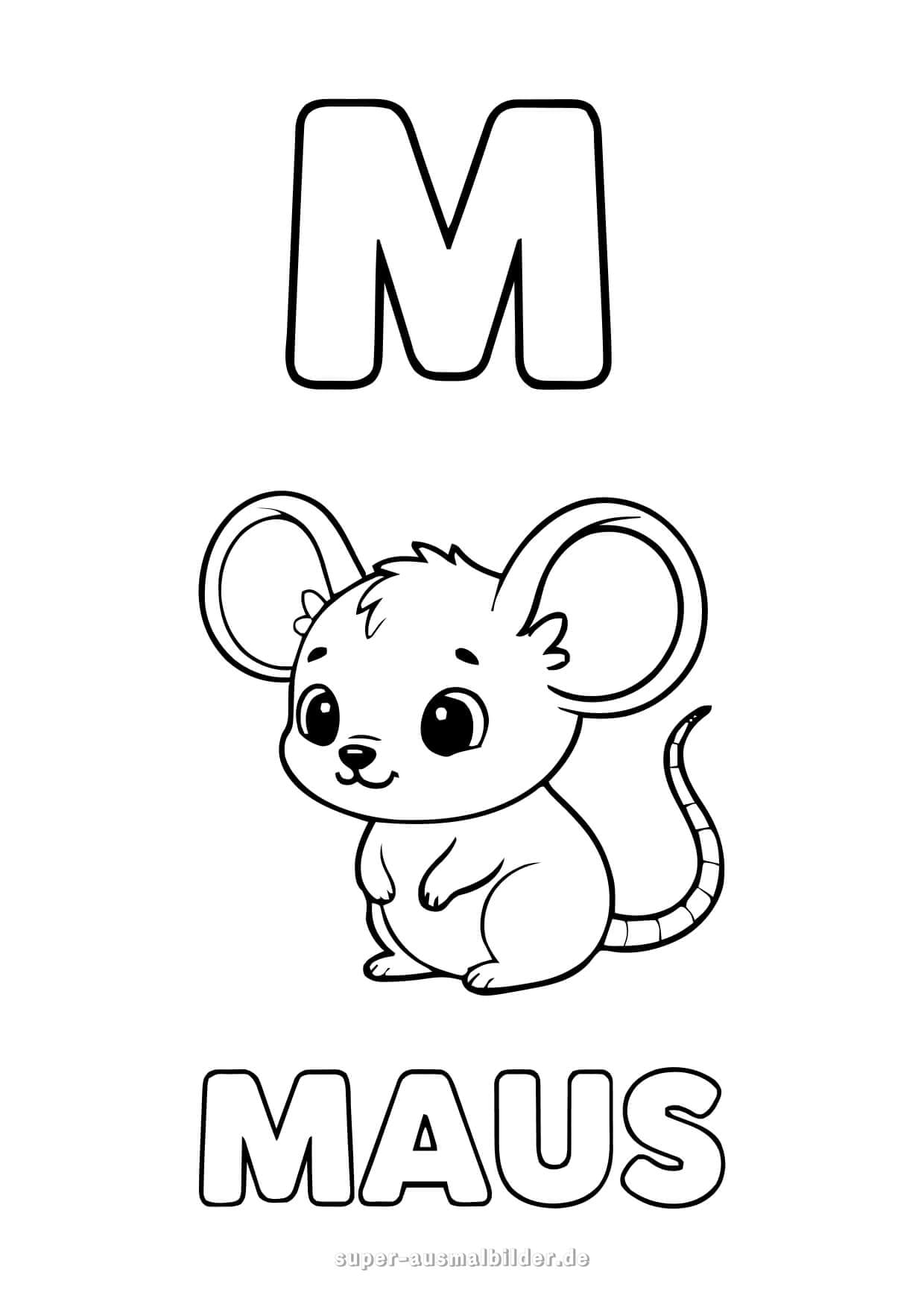 Buchstabe M Ausmalbild – kleine Maus mit großen Ohren, kostenlose Buchstaben Malvorlage zum Ausdrucken für Kinder