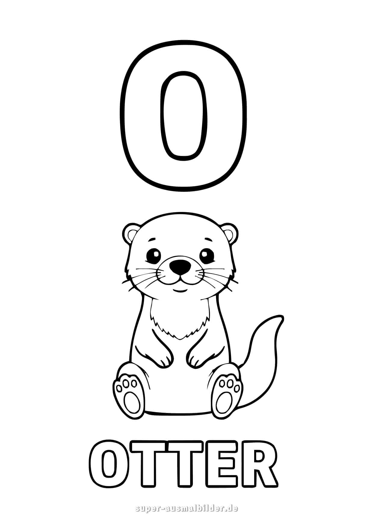 Buchstabe O Ausmalbild – Otter mit rundem Gesicht, Lernvorlage mit Buchstaben O, kostenlose Buchstaben zum Drucken für Kinder