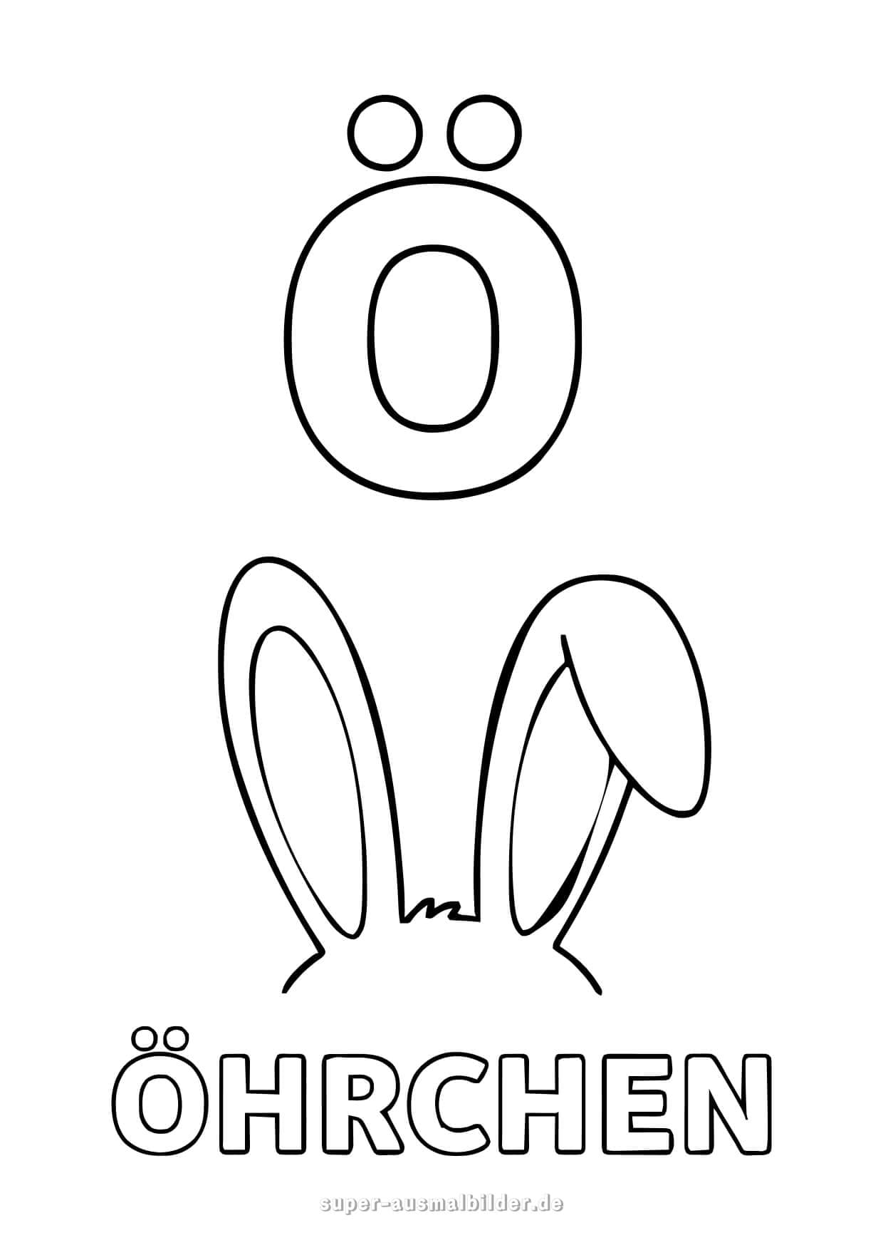 Buchstabe Ö Ausmalbild – Hasenohren mit Buchstaben ÖHRCHEN, kostenlose Malvorlage zum Drucken und Ausmalen für Kinder