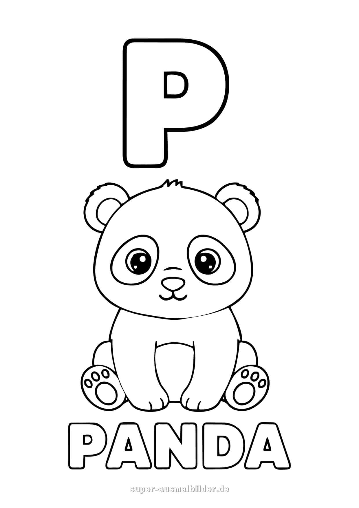 Buchstabe P Ausmalbild – niedlicher Panda zum Ausmalen, kostenlose Buchstaben Malvorlage für Kinder zum Drucken