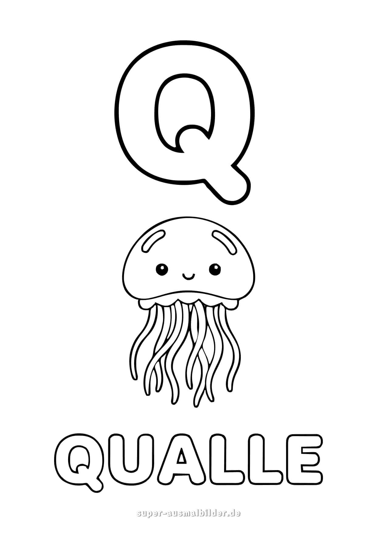 Buchstabe Q Ausmalbild – freundliche Qualle mit Tentakeln, kostenlose Buchstaben zum Ausdrucken und Ausmalen für Kinder