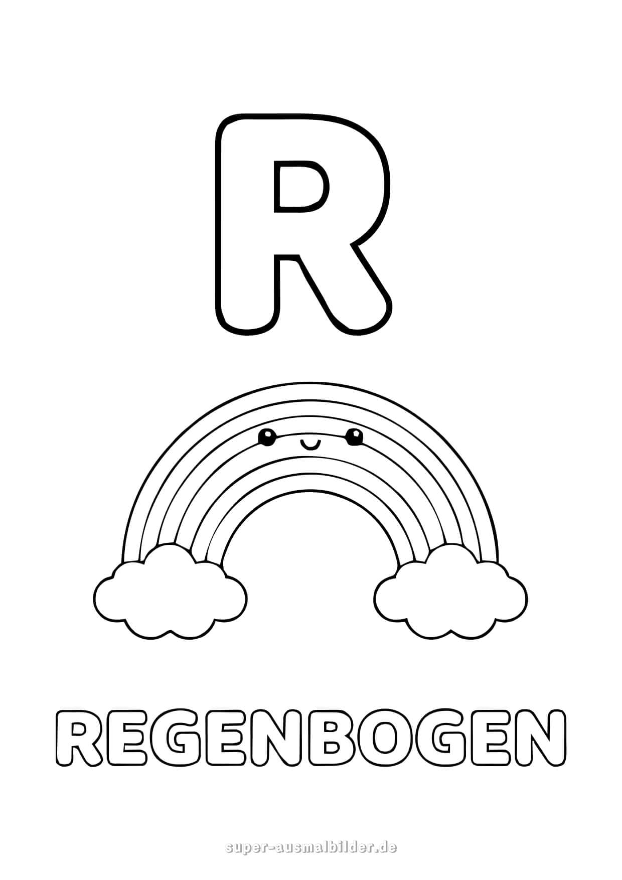 Buchstabe R Ausmalbild – bunter Regenbogen mit Wolken, Lernvorlage mit Buchstaben R, Buchstaben zum Ausdrucken für Kinder