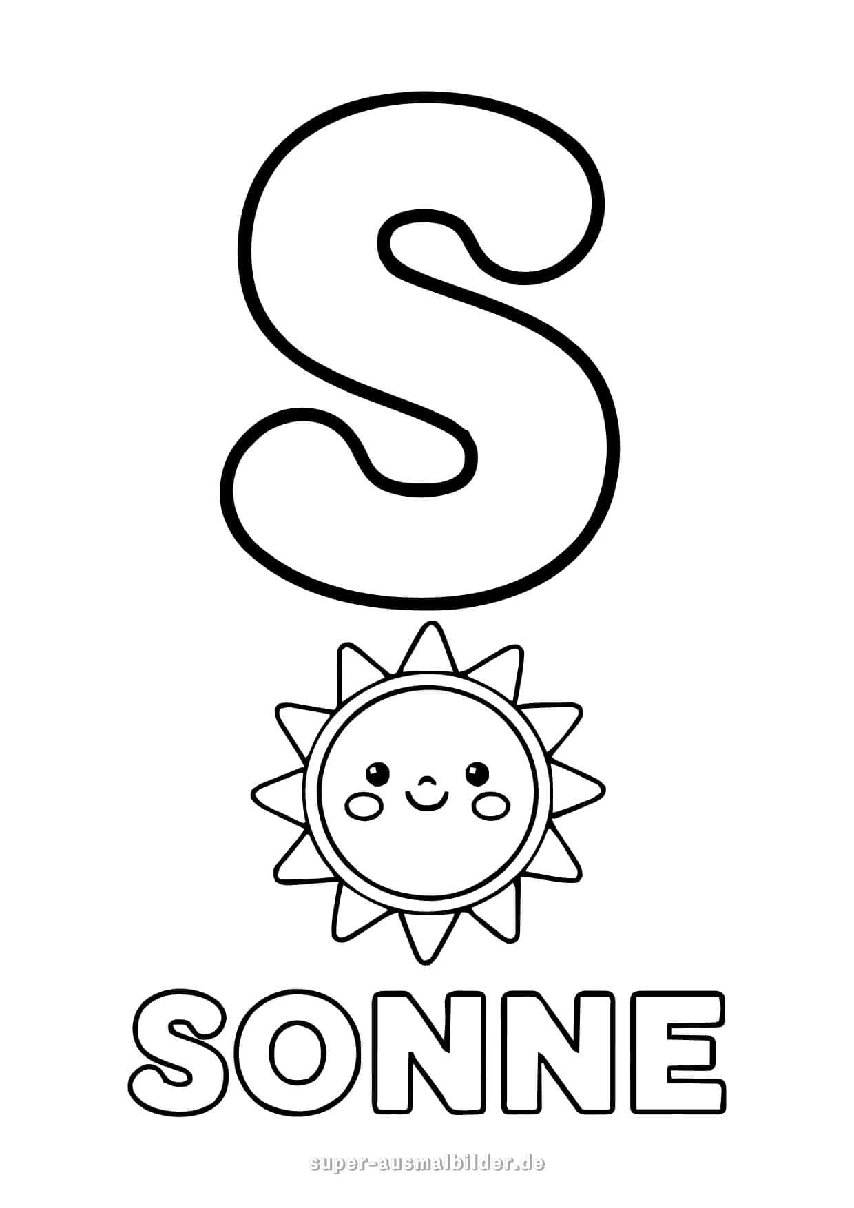 Buchstabe S Ausmalbild – lachende Sonne mit großem Buchstaben S, Malvorlage zum Drucken und Ausmalen für Kinder kostenlos