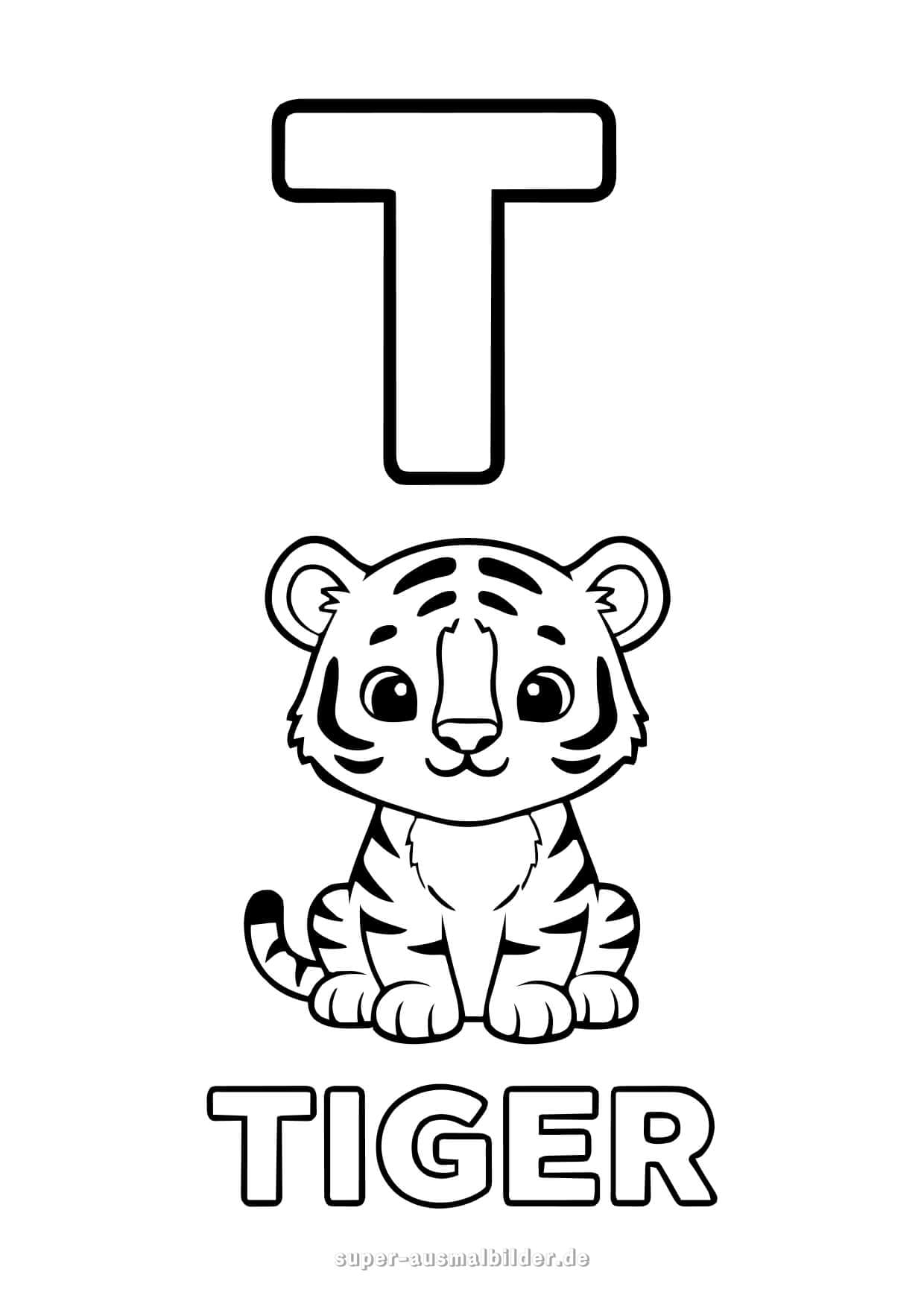 Buchstabe T Ausmalbild – süßer Tiger mit großem Buchstaben T, kostenlose Buchstaben zum Ausdrucken und Ausmalen für Kinder