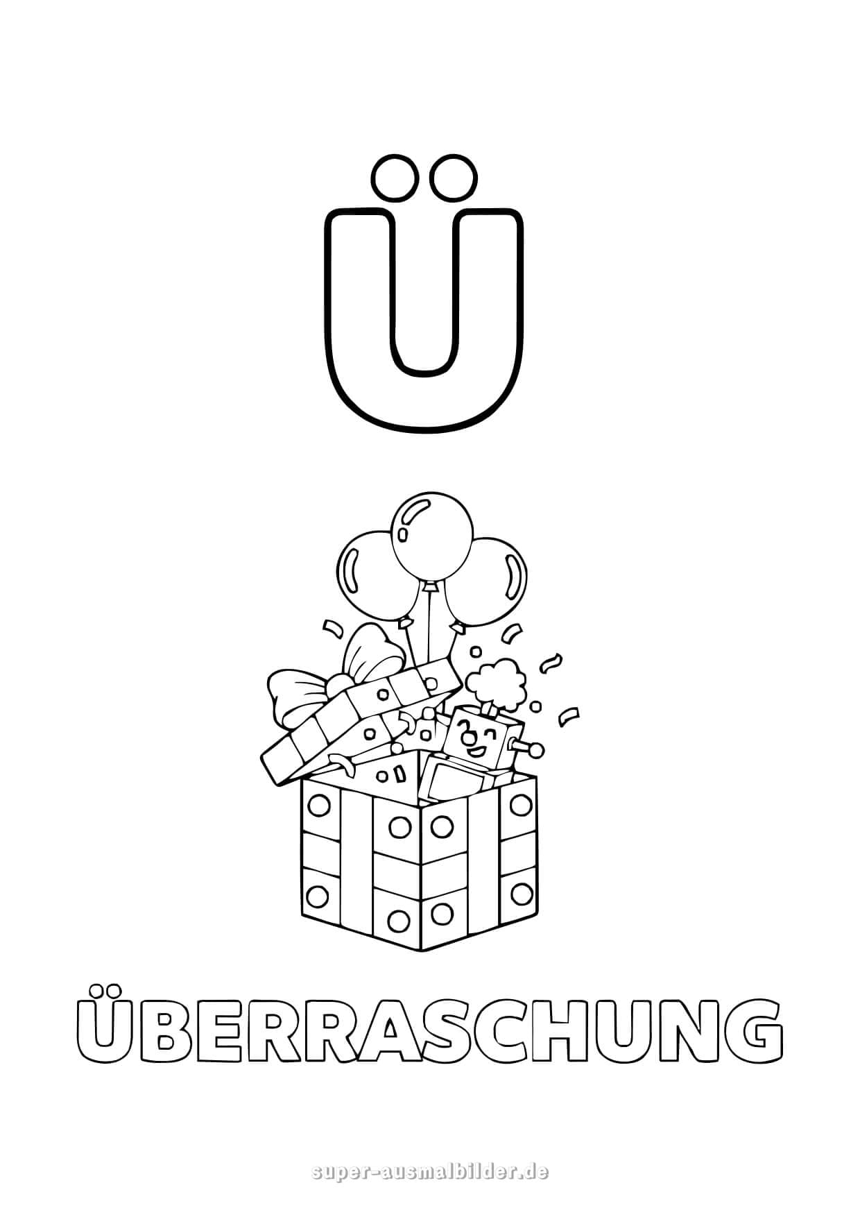 Buchstabe Ü Ausmalbild – Geschenkbox mit Ballons und Konfetti, Überraschung Thema, kostenlose Buchstaben zum Ausdrucken für Kinder
