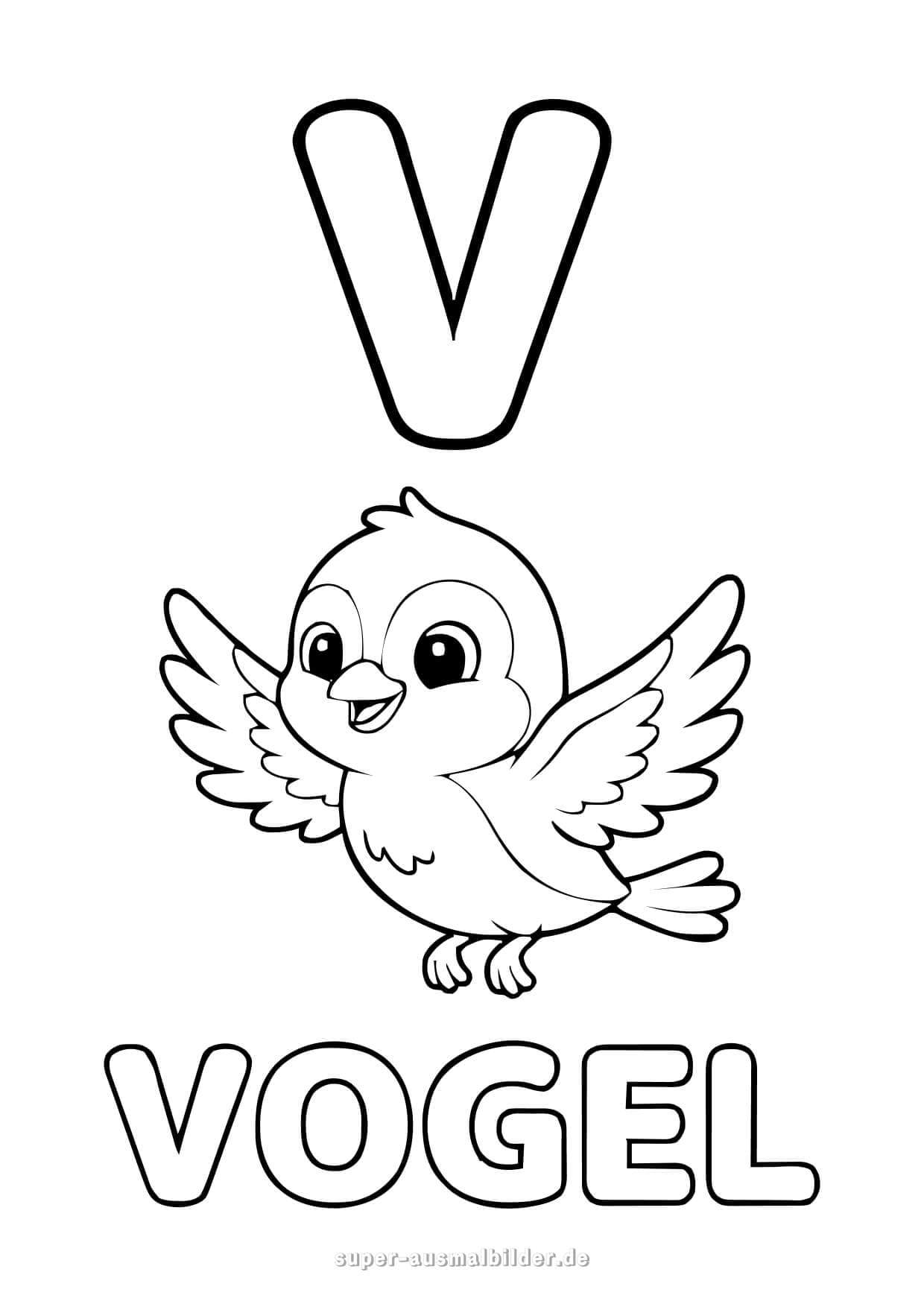 Buchstabe V Ausmalbild – Fröhlicher Vogel mit ausgebreiteten Flügeln, kostenlose Buchstaben zum Ausdrucken und Ausmalen für Kinder