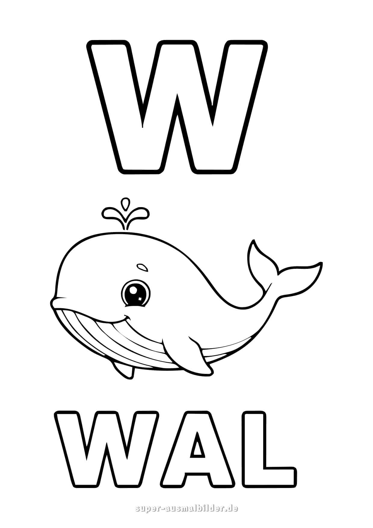 Buchstabe W Ausmalbild – Niedlicher Wal mit Wasserfontäne, kostenlose Buchstaben Malvorlage zum Drucken für Kinder