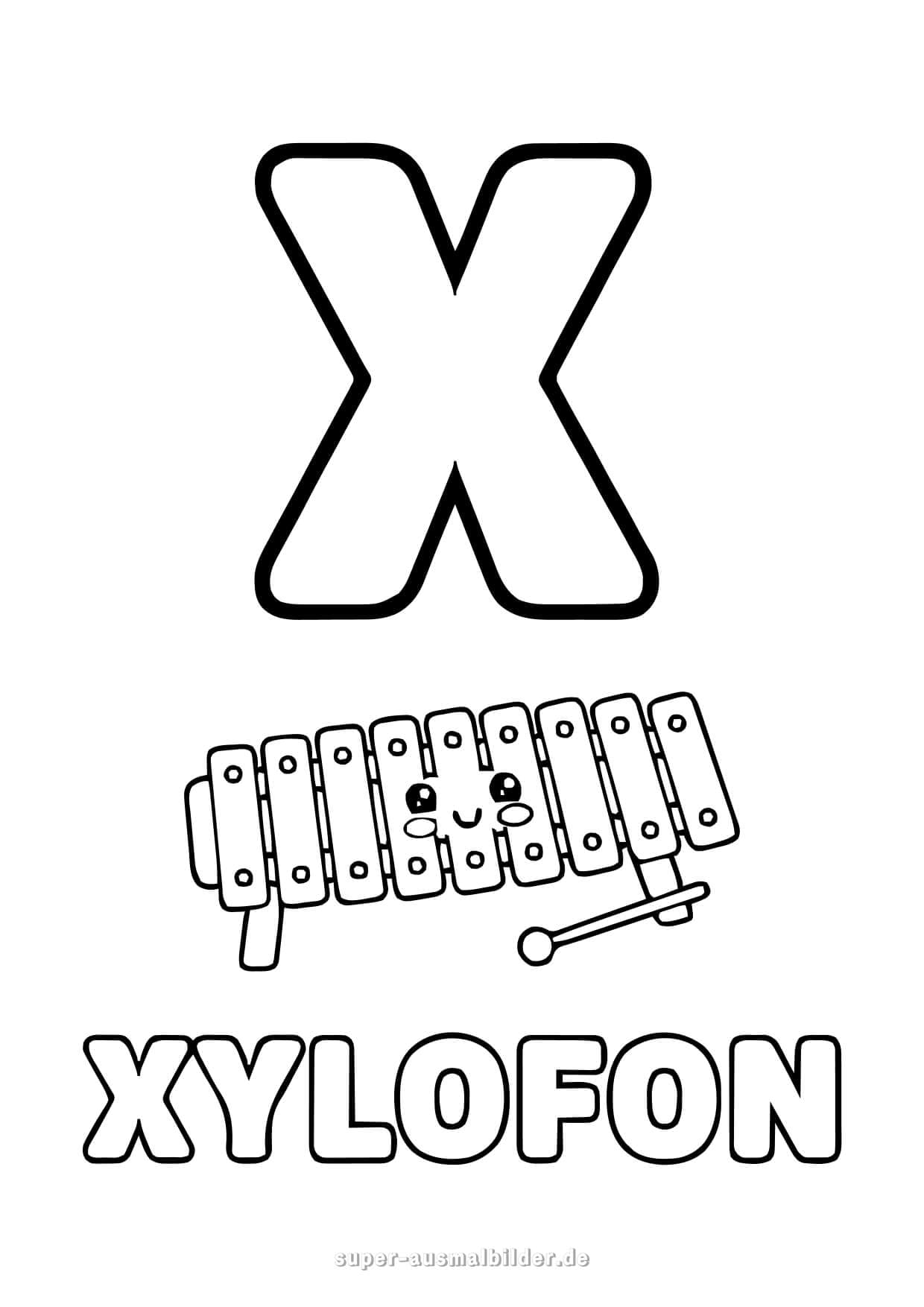 Buchstabe X Ausmalbild – Xylophon mit Gesicht und Schlägel, Buchstaben zum Ausdrucken und Ausmalen für Kinder, kostenlos