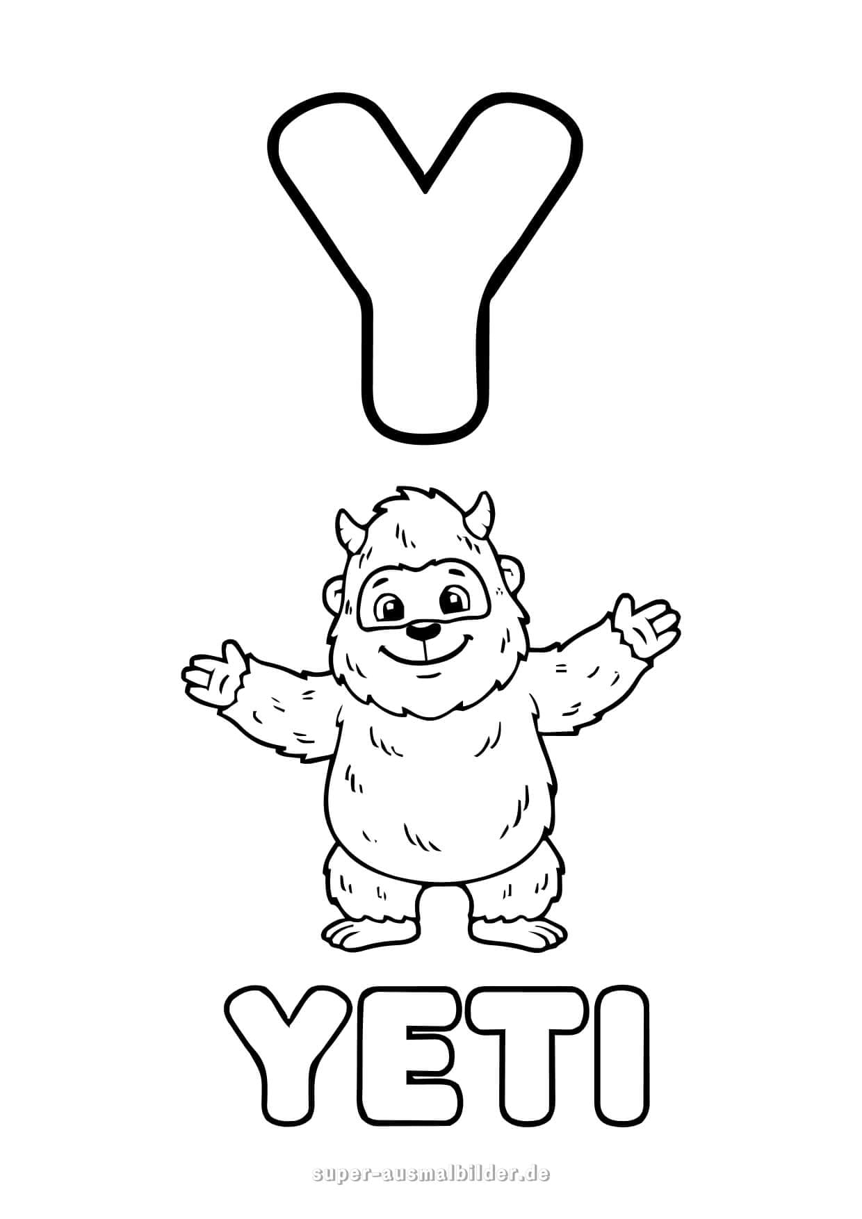 Buchstabe Y Ausmalbild – Süßer Yeti mit offenen Armen, Malvorlage zum Drucken, kostenlose Buchstaben zum Ausdrucken für Kinder