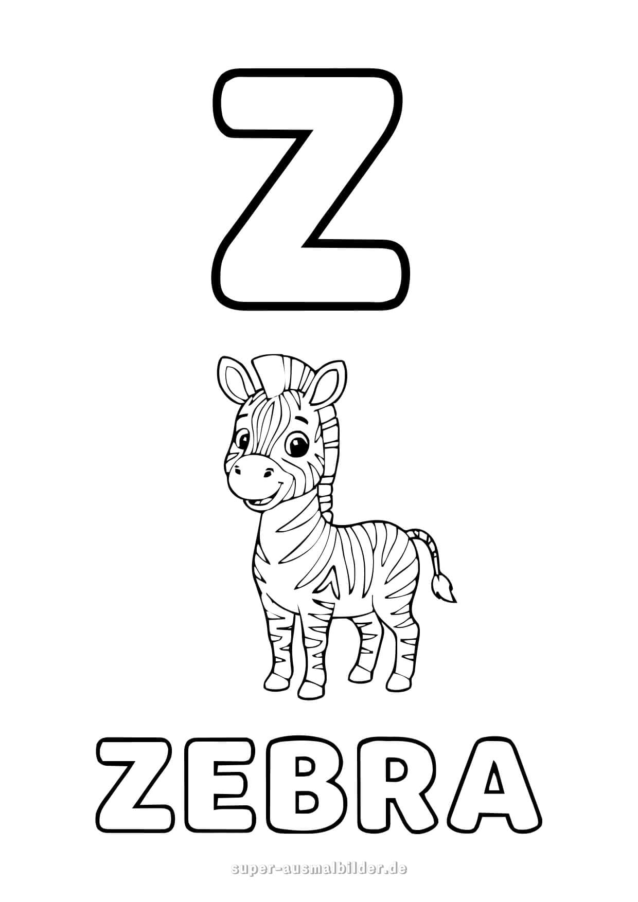 Buchstabe Z Ausmalbild – Lustiges Zebra zum Ausmalen, kostenlose Buchstaben Malvorlage für Kinder zum Drucken