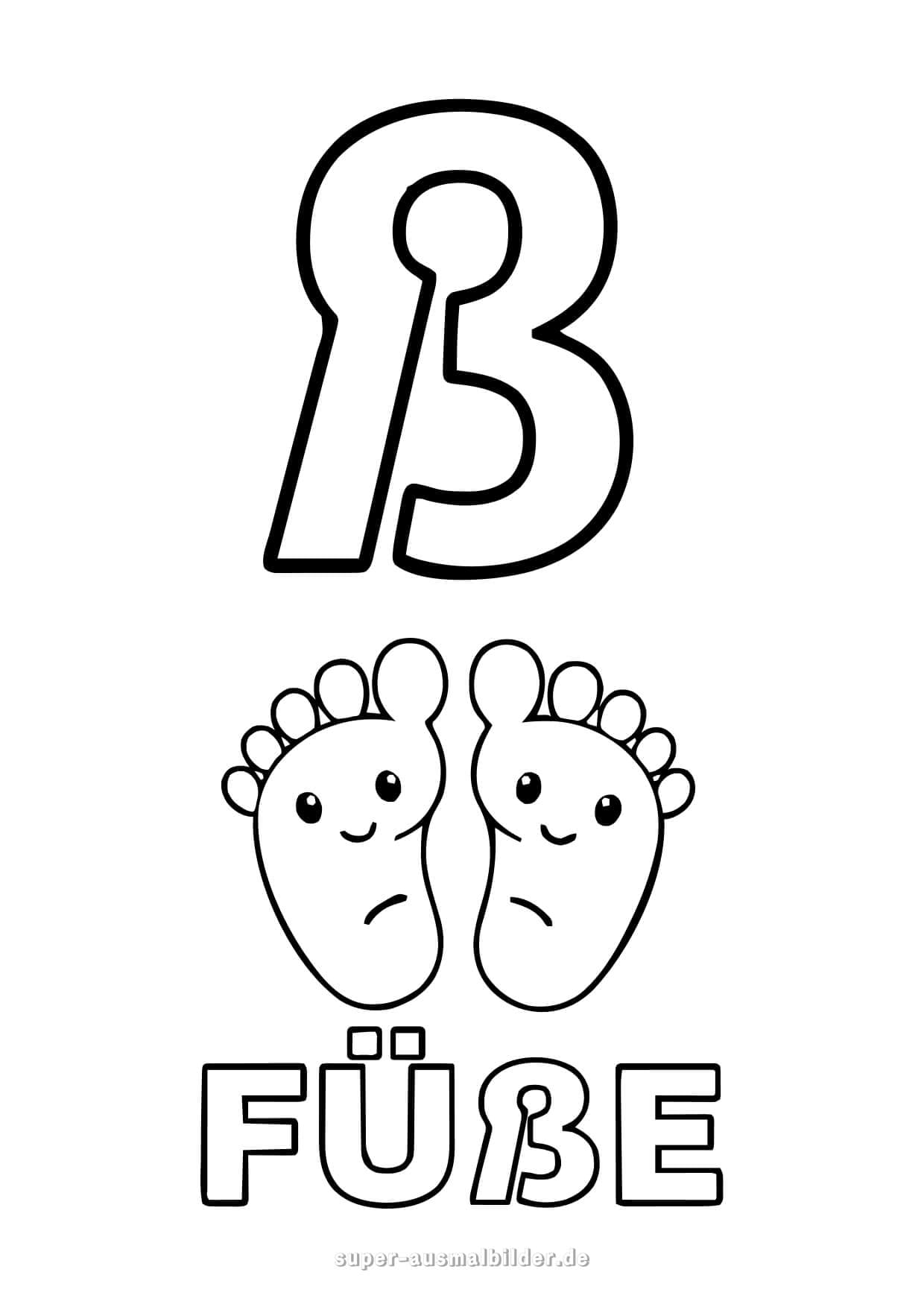 Buchstabe ß Ausmalbild – Füße mit lachenden Gesichtern, Buchstaben zum Ausdrucken und Ausmalen für Kinder, kostenlos