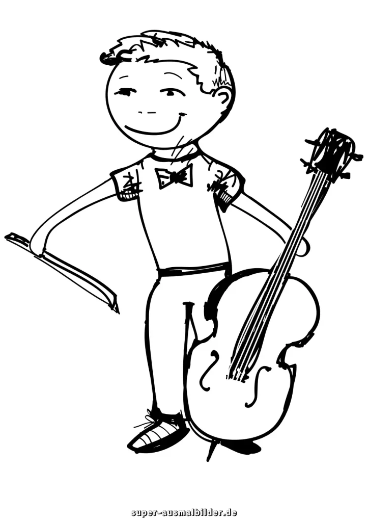 Cellist Junge Malvorlage Musiker mit Cello und Bogen, gratis Ausmalbilder für Kinder und Musikliebhaber