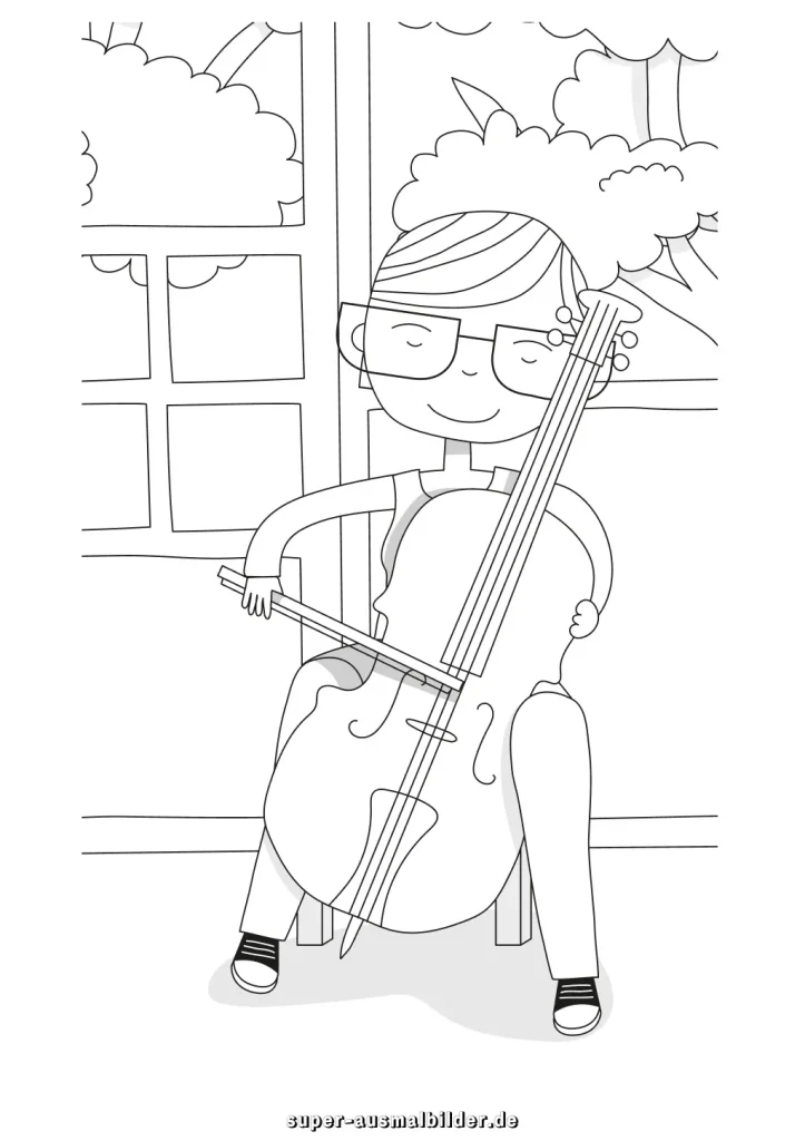 Cellist Malvorlage Musiker spielt Cello im Klassenzimmer, gratis Ausmalbild zum Herunterladen