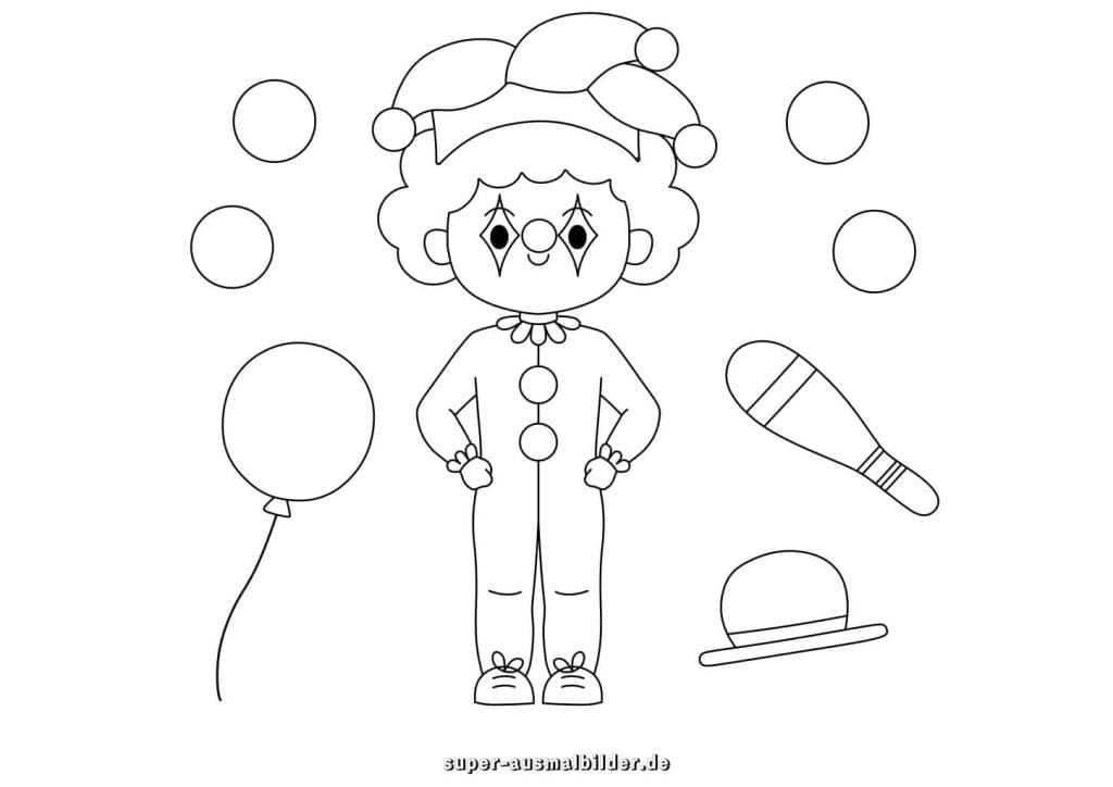 Clown Malvorlage Zirkusartist mit Ballons und Jonglierbällen, kostenlose Ausmalbilder für Kinder