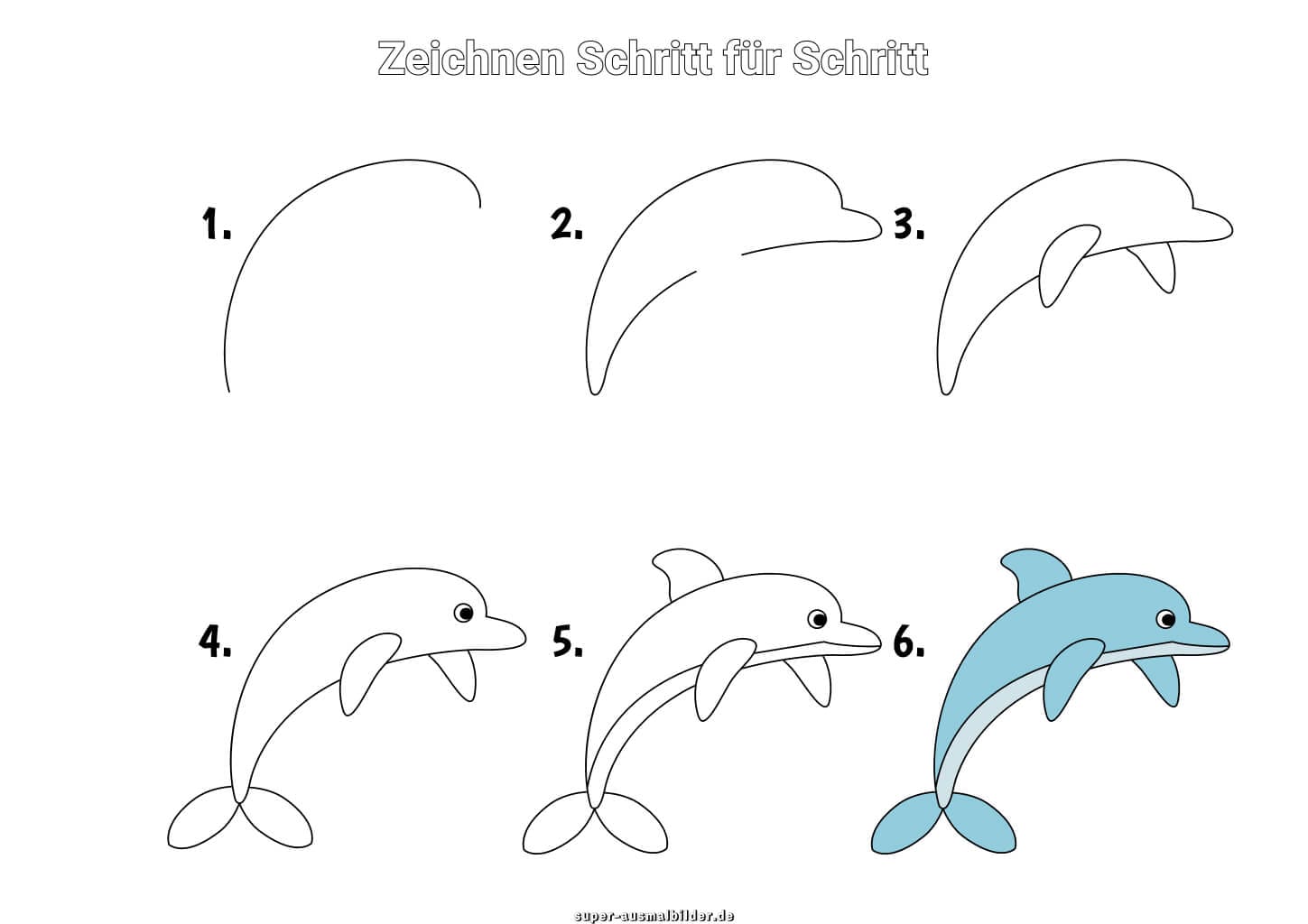 Delfin zeichnen Schritt für Schritt – einfache Anleitung für Kinder mit fröhlichem blauen Delfin