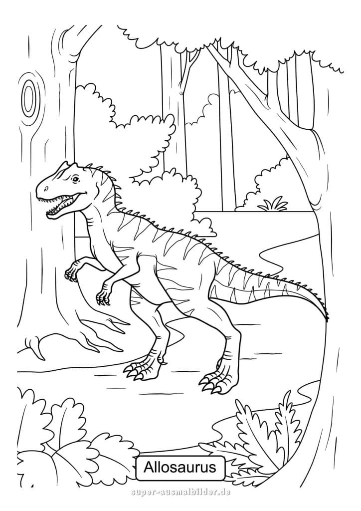Dinosaurier Ausmalbild – gefährlicher Allosaurus im Urwald, realistische Malvorlage für Dino Fans, kostenlos drucken oder herunterladen