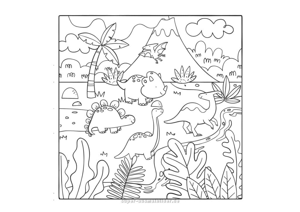 Dinosaurier Ausmalbild – süße prähistorische Welt mit Stegosaurus, Triceratops und Pterodaktylus, einfache Malvorlage für kleine Kinder