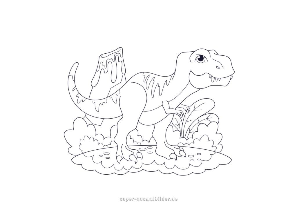 Dinosaurier Ausmalbild – süßer T Rex mit Vulkan und Pflanzen im Hintergrund, einfache Malvorlage für Kinder zum kostenlosen Ausdrucken