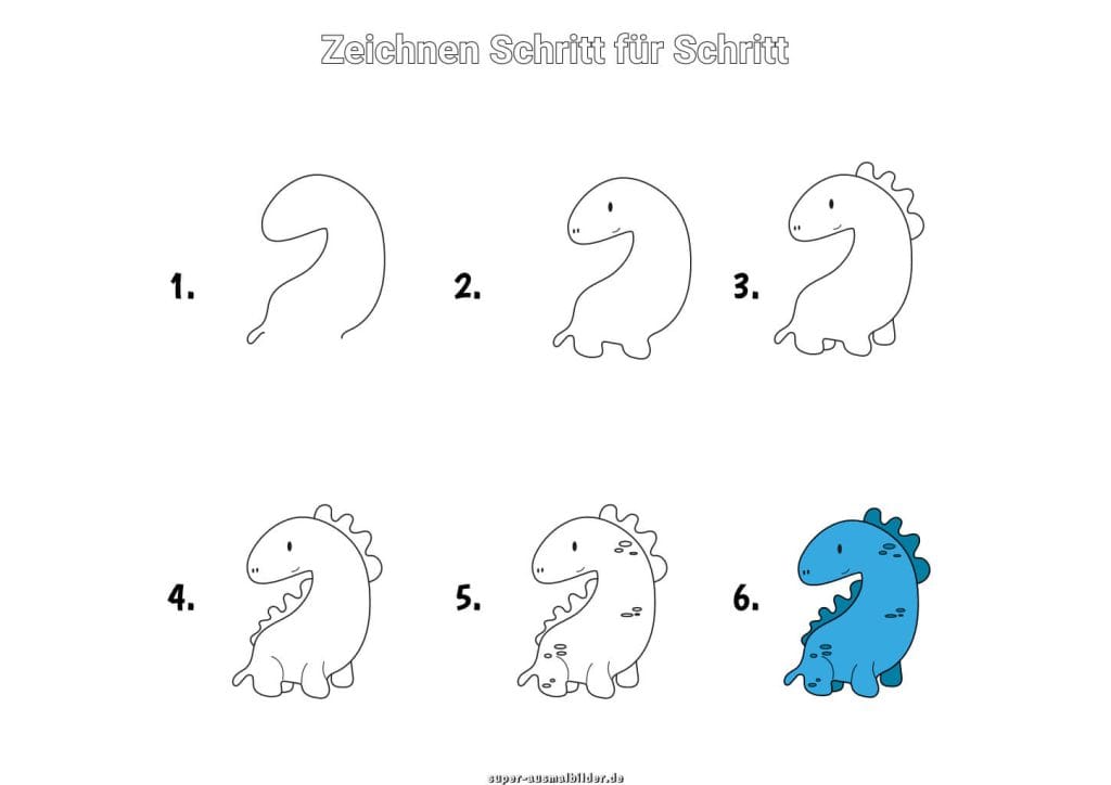 Dinosaurier zeichnen Schritt für Schritt – einfache Anleitung für Kinder, um einen niedlichen blauen Dino in sechs Schritten zu malen