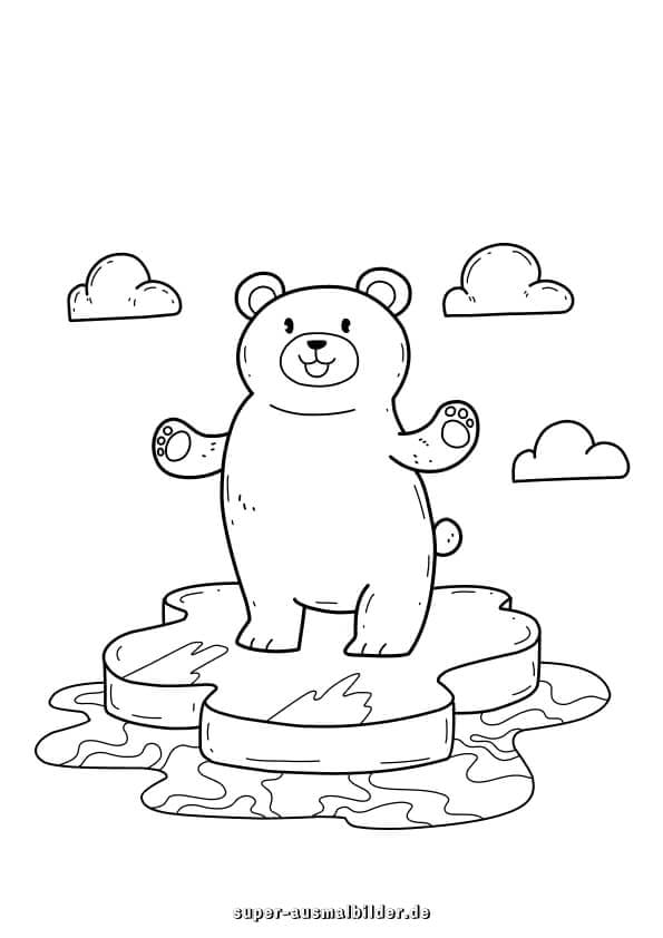 Eisbär. Stehender Bär auf Eisscholle – kostenloses Ausmalbild über Natur und Arktis für Kinder