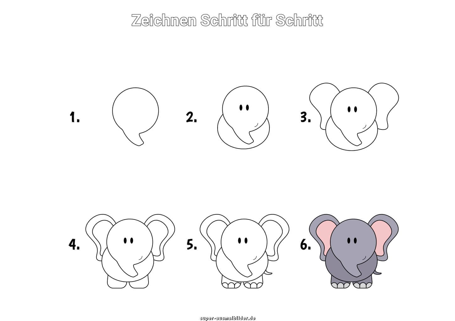 Elefant zeichnen Schritt für Schritt – einfache Anleitung für Kinder, um einen süßen grauen Elefanten in sechs Schritten zu malen