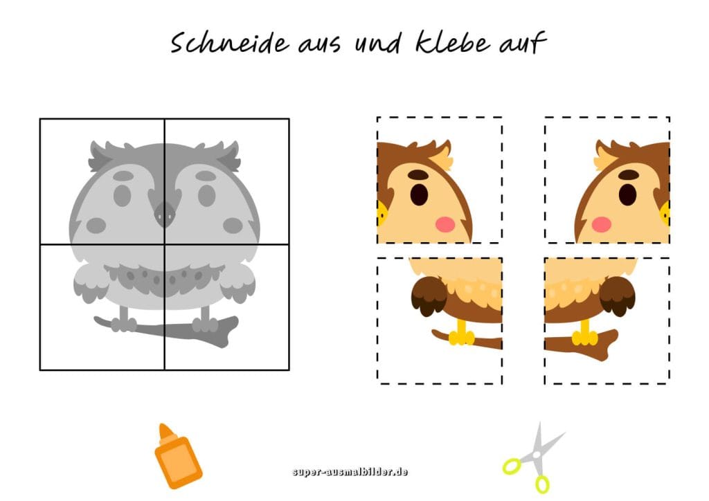 Eule Ausschneidevorlage Bastelübung zum Schneiden und Kleben für Vorschule und Zuhause, gratis ausdrucken