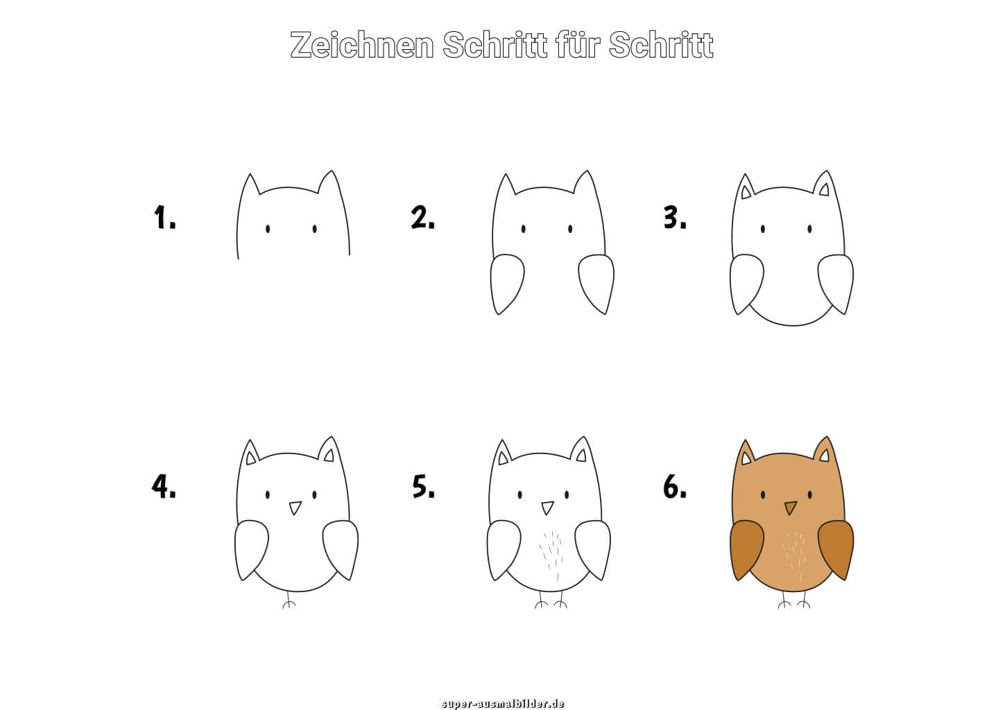 Eule zeichnen Schritt für Schritt – einfache Zeichenanleitung für Kinder mit süßer brauner Eule