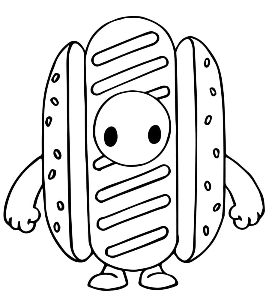 Fall Guys Ausmalbild – Figur im Hotdog Kostüm mit starken Armen, einfache Malvorlage zum Drucken und Ausmalen für Kinder