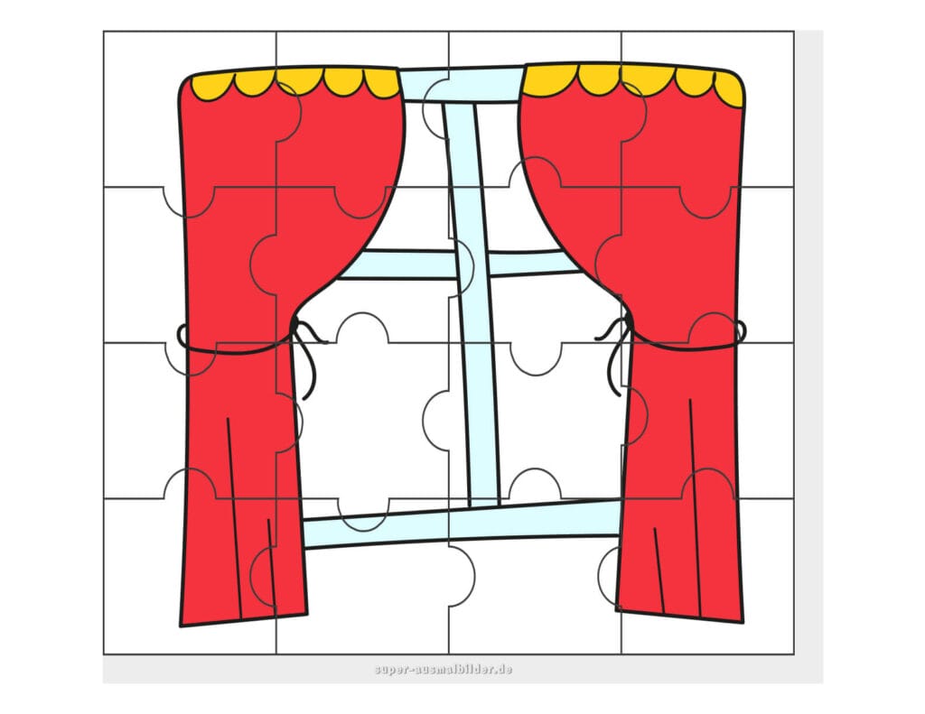 Fenster mit Vorhängen Puzzle Lernpuzzle zum Ausdrucken für Kinder kostenlos herunterladen