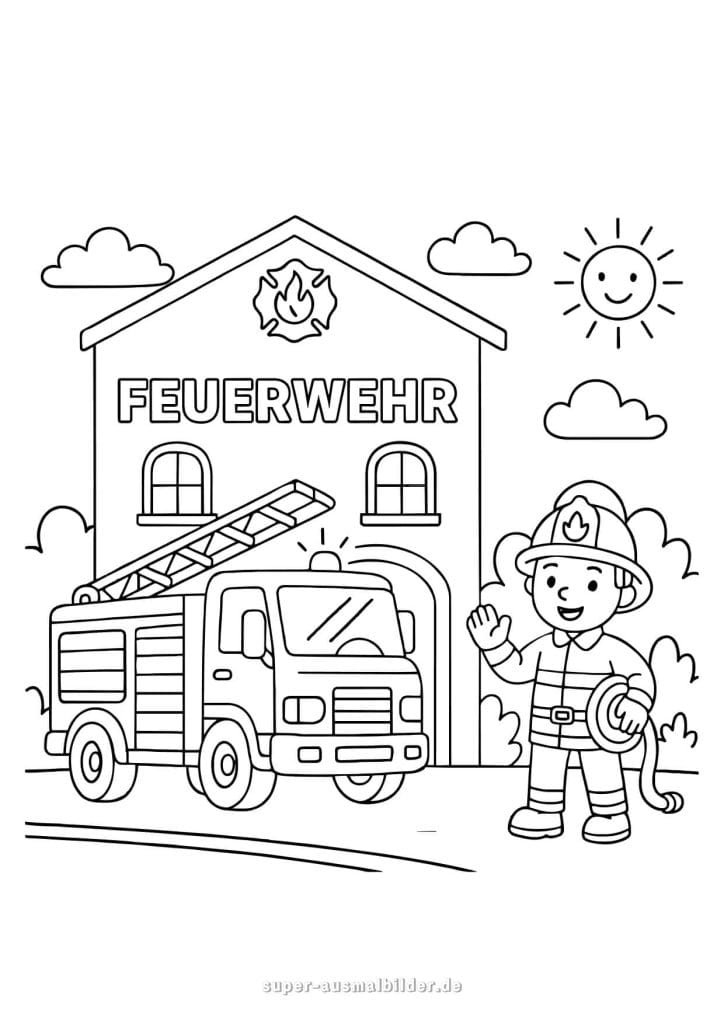 Feuerwehr. Ausmalbild einer Feuerwache mit Feuerwehrmann und Feuerwehrauto für Kinder