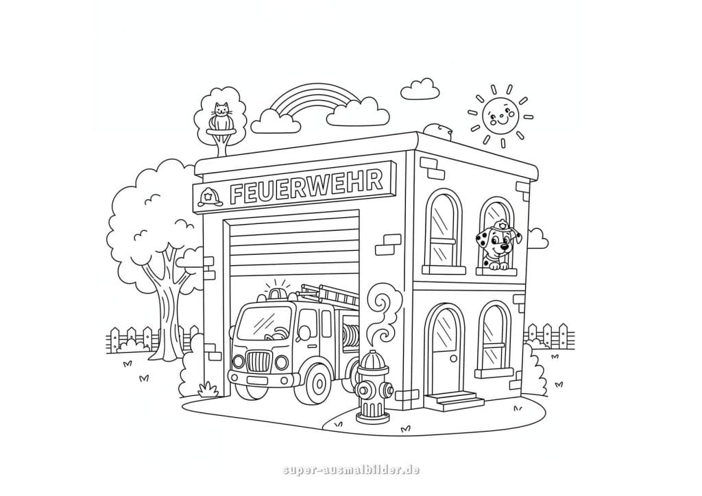 Feuerwehr. Ausmalbild einer fröhlichen Feuerwache mit Feuerwehrauto und Hund für Kinder