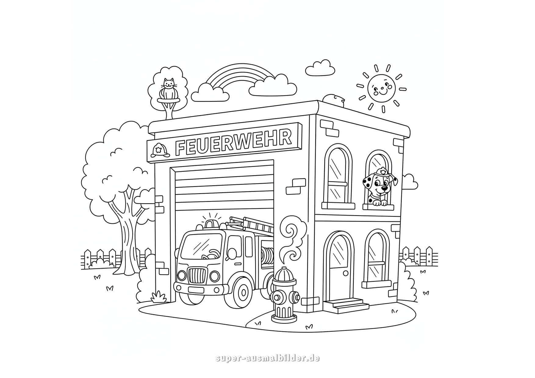 Feuerwehr. Ausmalbild einer fröhlichen Feuerwache mit Feuerwehrauto und Hund für Kinder