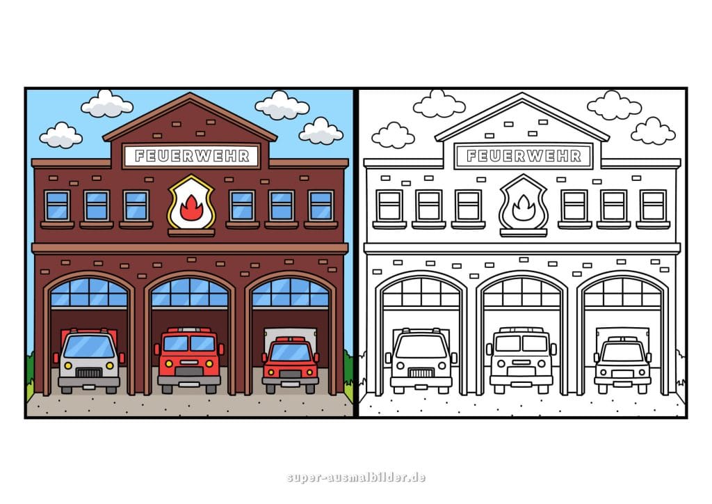 Feuerwehr. Malvorlage einer Feuerwache mit mehreren Feuerwehrautos kostenlos drucken