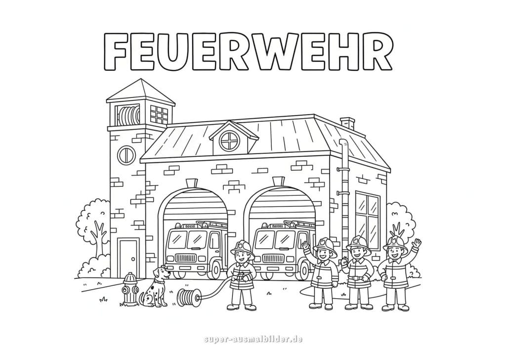 Feuerwehr. Malvorlage mit Feuerwehrleuten und Löschfahrzeugen vor der Feuerwache zum Ausdrucken