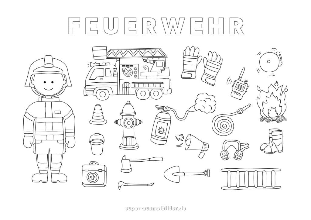 Feuerwehr. Malvorlage mit Feuerwehrmann, Feuerwehrauto und Ausrüstung zum Ausdrucken
