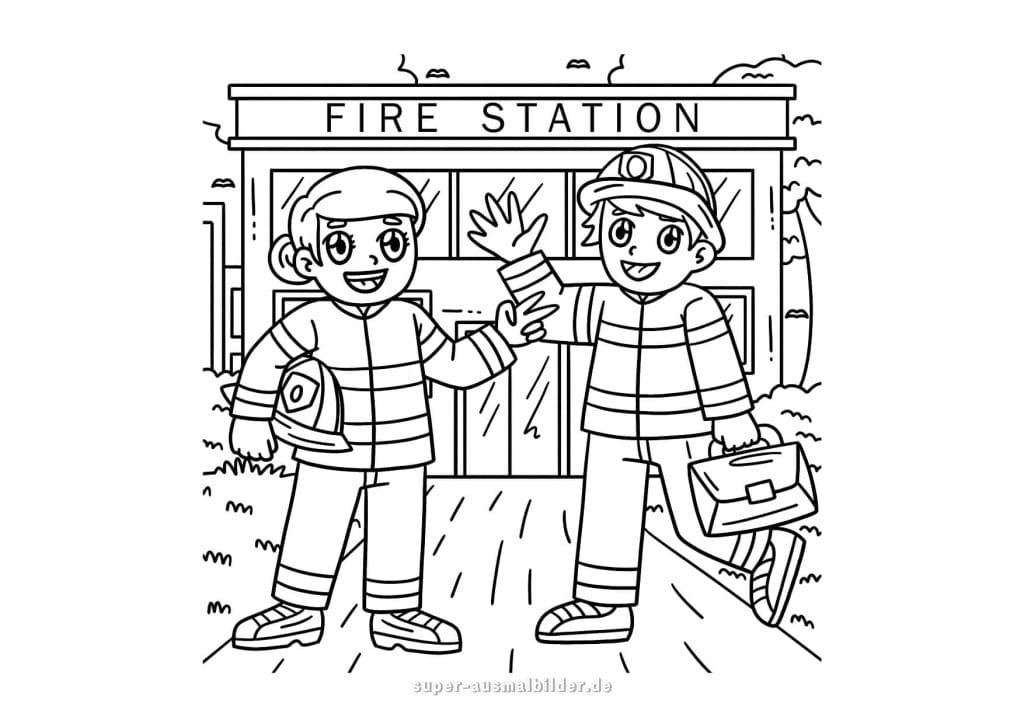 Feuerwehr. Malvorlage mit zwei Feuerwehrleuten vor der Feuerwache – Freunde im Einsatz