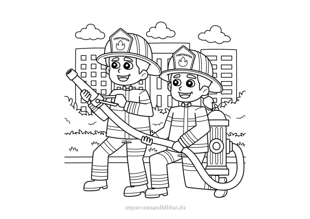 Feuerwehr. Malvorlage zwei Feuerwehrmänner beim Löschen eines Feuers mit Hydrant