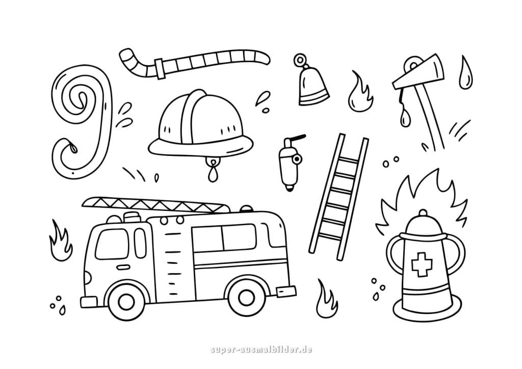 Feuerwehrausrüstung. Ausmalbild mit Helm, Leiter, Schlauch und Feuerwehrauto für Kleinkinder