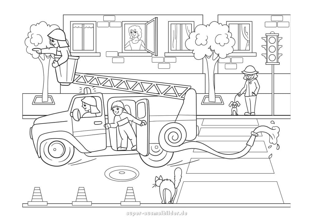 Feuerwehrauto. Ausmalbild eines Feuerwehreinsatzes in der Stadt mit Feuerwehrleuten