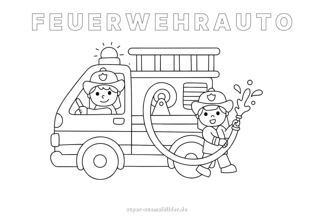 Feuerwehrauto. Ausmalbild mit zwei Feuerwehrleuten im Löschfahrzeug beim Einsatz für Kinder