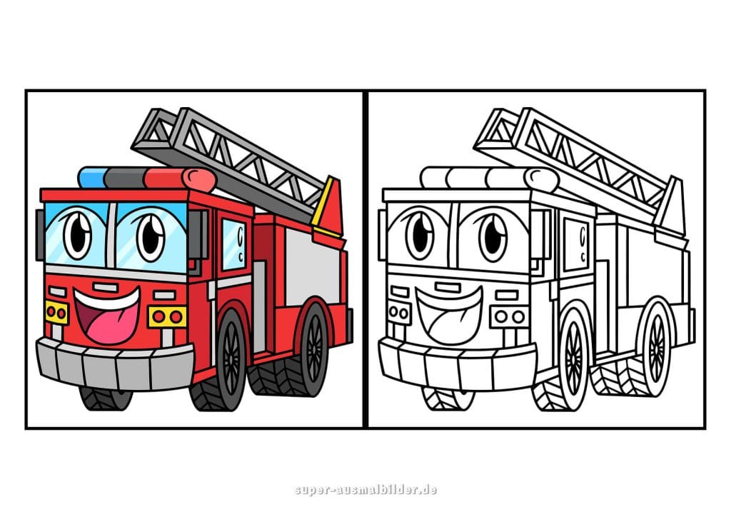 Feuerwehrauto. Lustige Malvorlage mit Feuerwehrfahrzeug mit Gesicht zum Ausmalen für Kinder