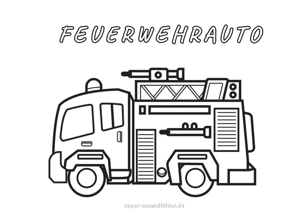 Feuerwehrauto. Malvorlage Feuerwehrfahrzeug mit Leiter und Details zum Ausmalen für Kinder